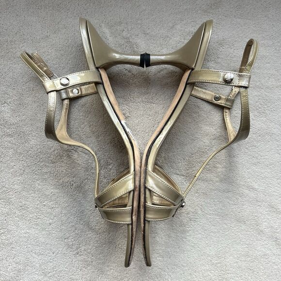 Stuart Weitzman Beige Patent Leather T-Strap Heeled Sandal Women 9 M Neutral - Picture 6 of 16